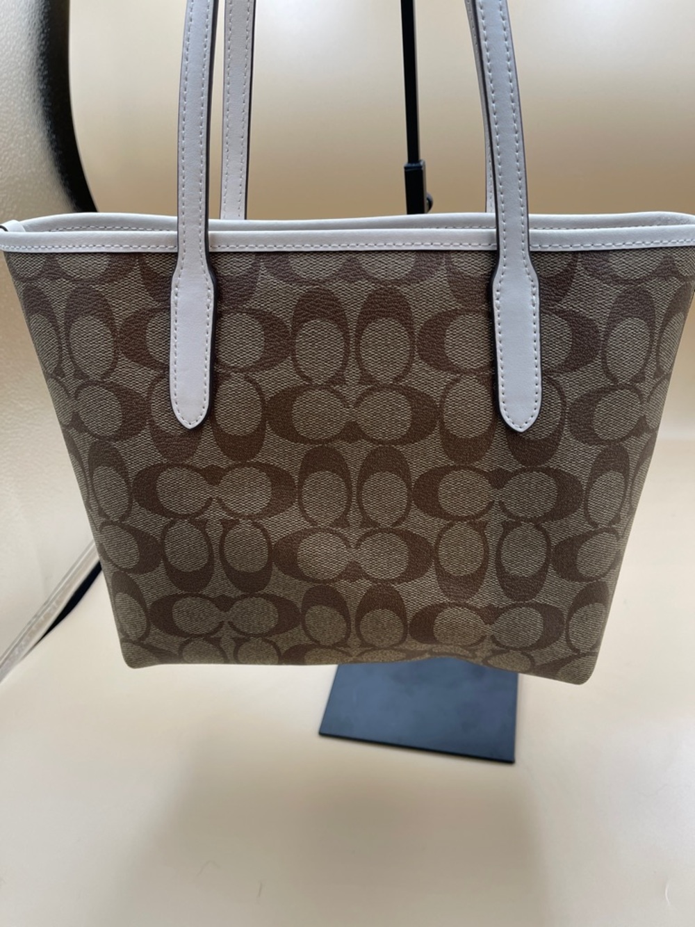Coach Brown Mini Canvas Tote with White Trim and Festive Coach Carriage Print - Picture 3 of 6